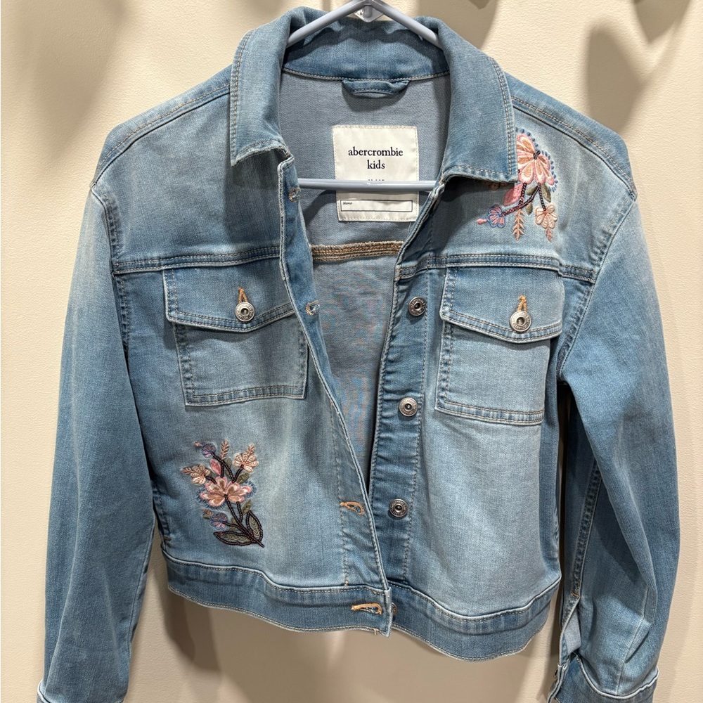 Abercrombie Kids Light Blue Denim Jacket with Floral Embroidery - Picture 2 of 7